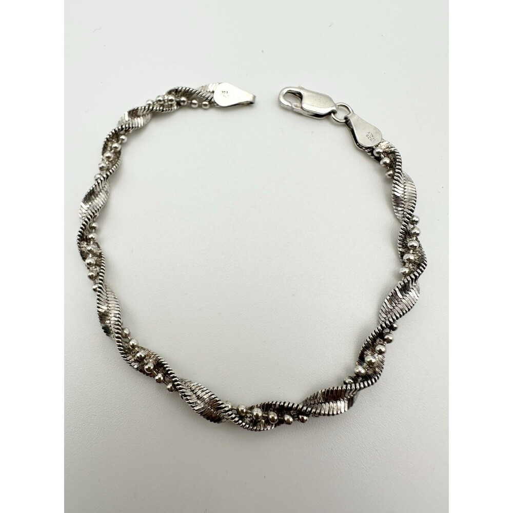 Vintage Sterling Silver 925 Twist Herringbone Ball Chain Bracelet 7"